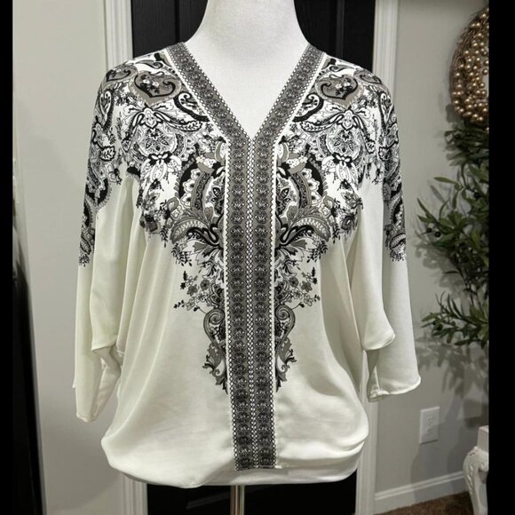 Rose & Olive Cream Gray Black Dolman Top Size Small Oversized 3/4 sleeve - Picture 1 of 2